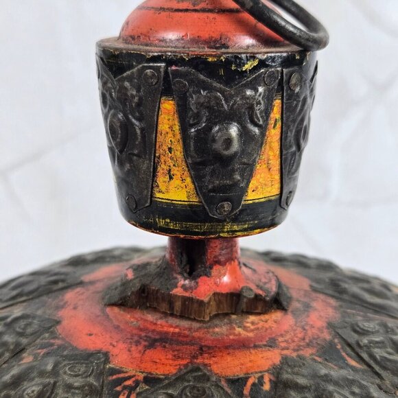 Vintage Round Middle Eastern Wooden Spice Box Hand Carved Hand Painted - Picture 8 of 16